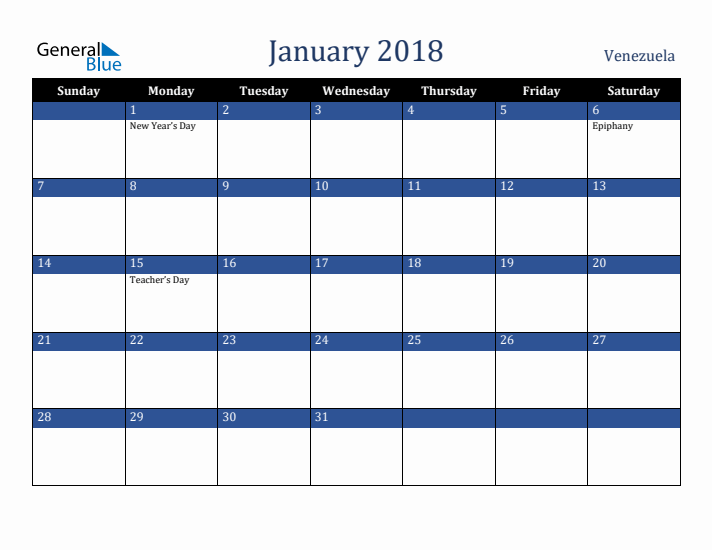 January 2018 Venezuela Calendar (Sunday Start)