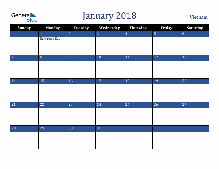 January 2018 Vietnam Calendar (Sunday Start)