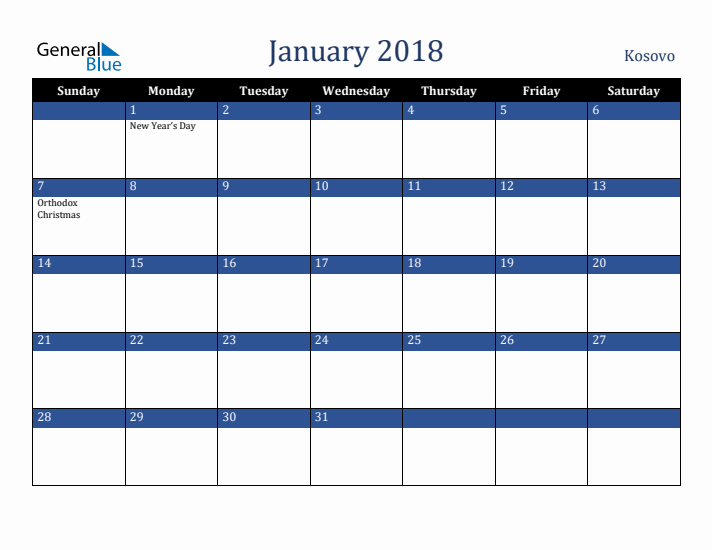 January 2018 Kosovo Calendar (Sunday Start)