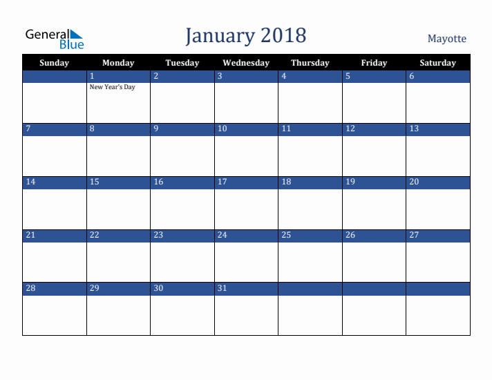 January 2018 Mayotte Calendar (Sunday Start)
