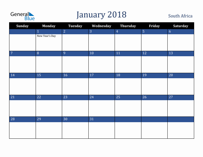 January 2018 South Africa Calendar (Sunday Start)