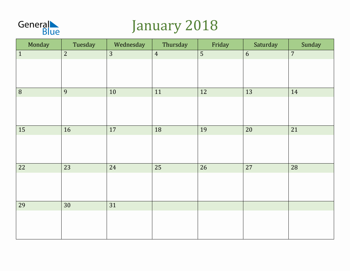 Fillable January 2018 Calendar