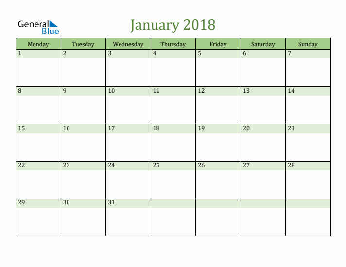 January 2018 Calendar with Monday Start