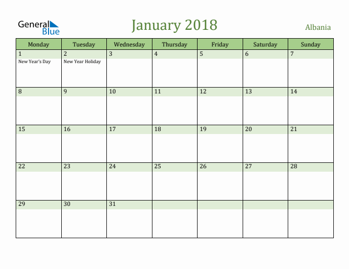 January 2018 Calendar with Albania Holidays