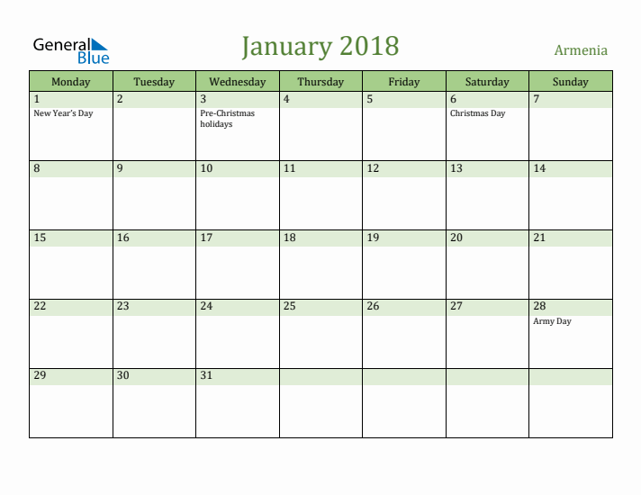 January 2018 Calendar with Armenia Holidays