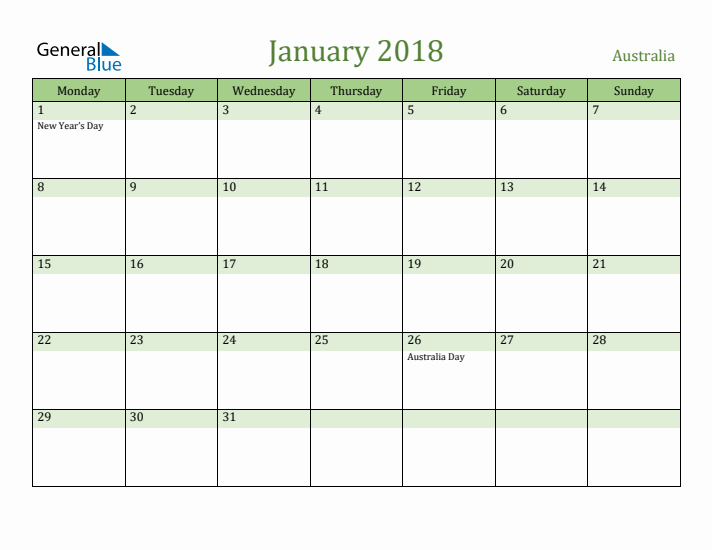 January 2018 Calendar with Australia Holidays