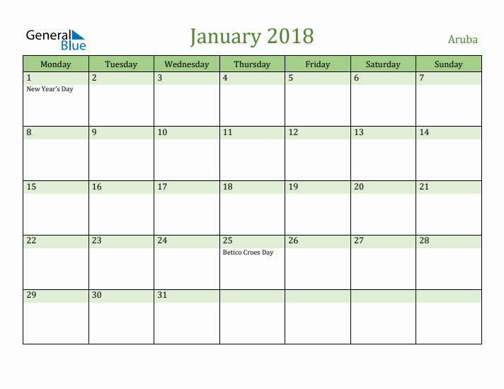 January 2018 Calendar with Aruba Holidays