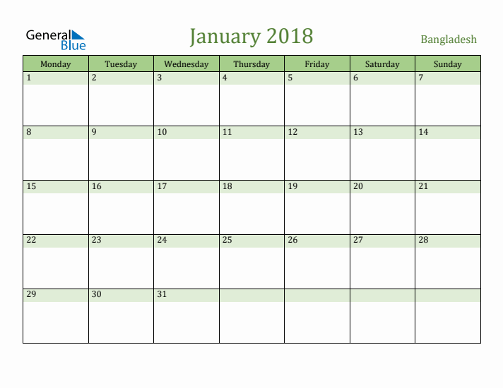 January 2018 Calendar with Bangladesh Holidays