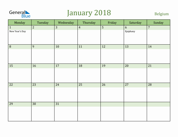 January 2018 Calendar with Belgium Holidays