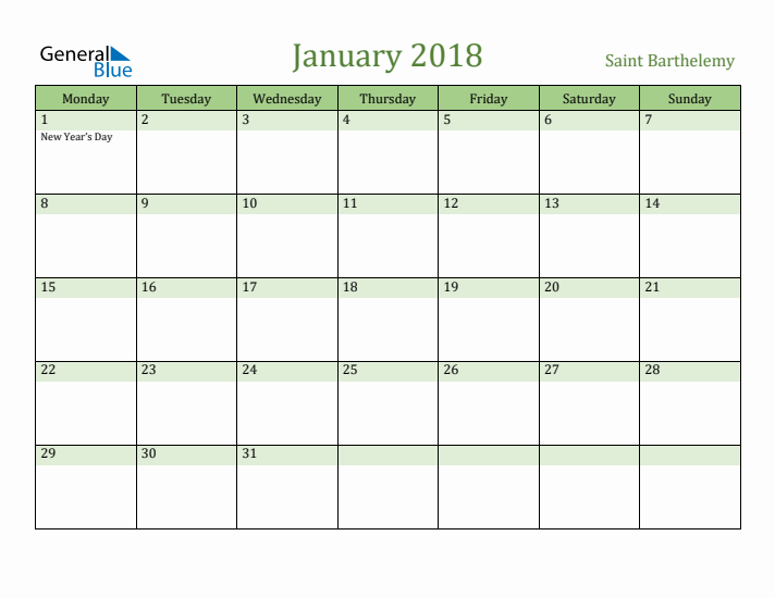 January 2018 Calendar with Saint Barthelemy Holidays