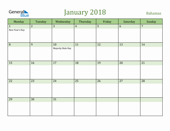 January 2018 Calendar with Bahamas Holidays