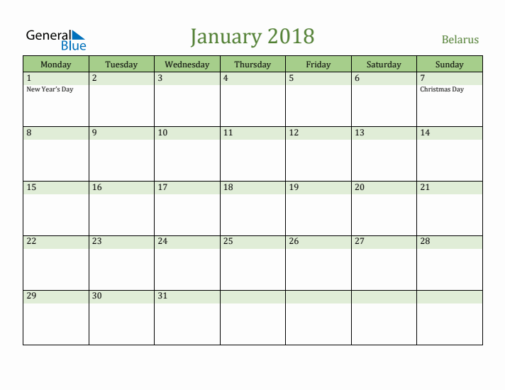 January 2018 Calendar with Belarus Holidays