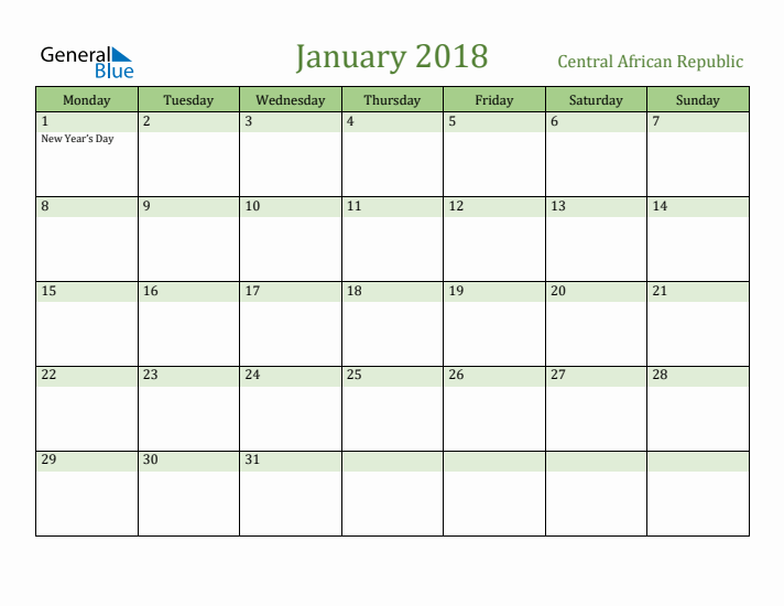 January 2018 Calendar with Central African Republic Holidays