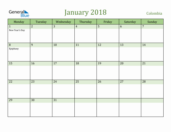 January 2018 Calendar with Colombia Holidays