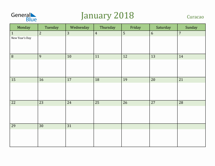 January 2018 Calendar with Curacao Holidays
