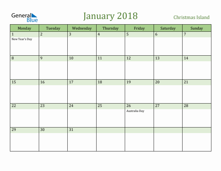 January 2018 Calendar with Christmas Island Holidays