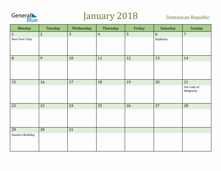 January 2018 Calendar with Dominican Republic Holidays