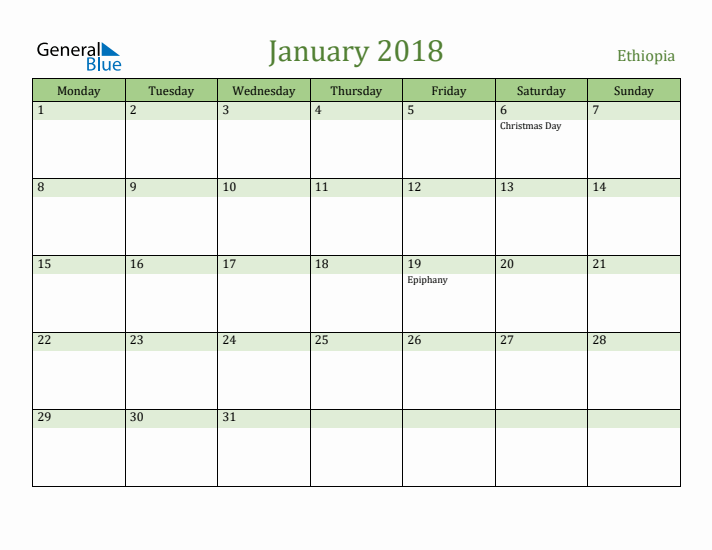 January 2018 Calendar with Ethiopia Holidays