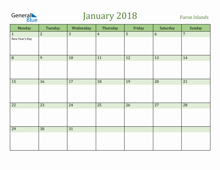January 2018 Calendar with Faroe Islands Holidays