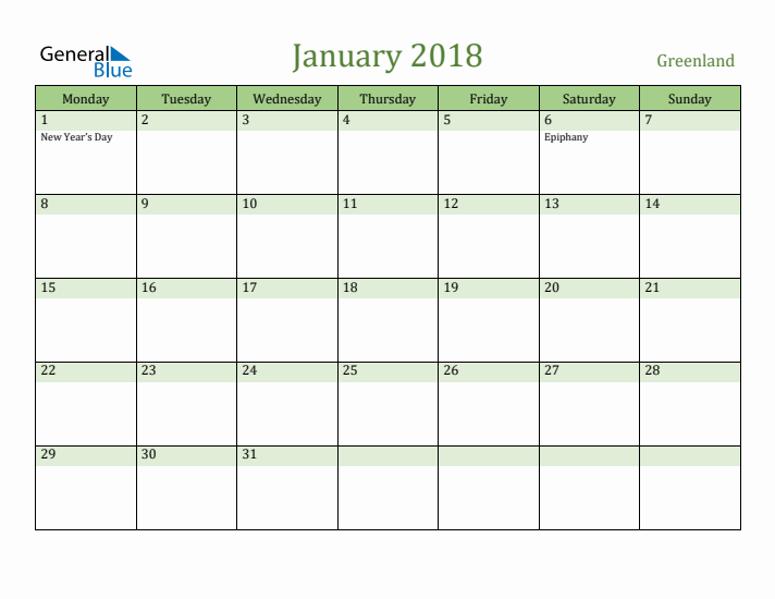 January 2018 Calendar with Greenland Holidays