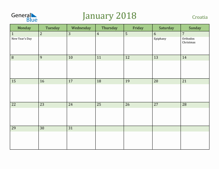 January 2018 Calendar with Croatia Holidays