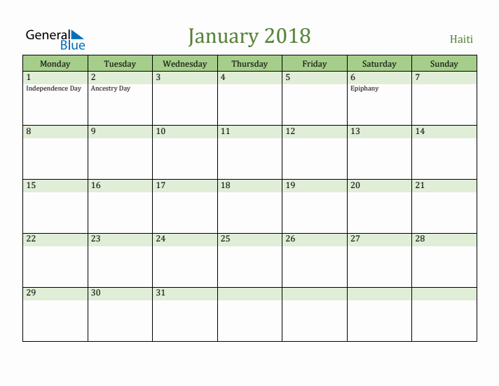 January 2018 Calendar with Haiti Holidays