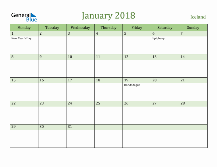 January 2018 Calendar with Iceland Holidays