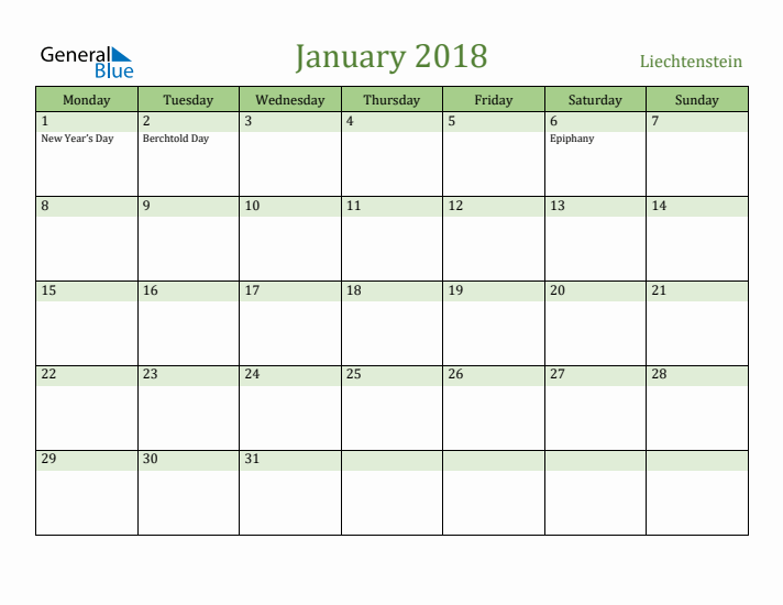 January 2018 Calendar with Liechtenstein Holidays