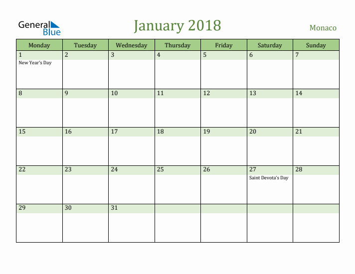 January 2018 Calendar with Monaco Holidays