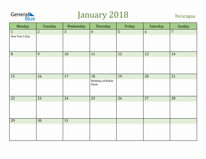 January 2018 Calendar with Nicaragua Holidays