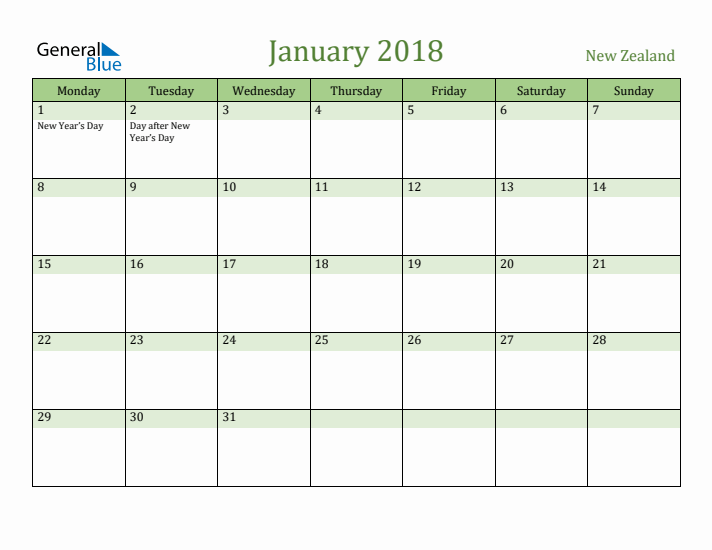 January 2018 Calendar with New Zealand Holidays