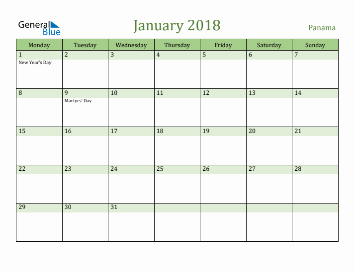 January 2018 Calendar with Panama Holidays
