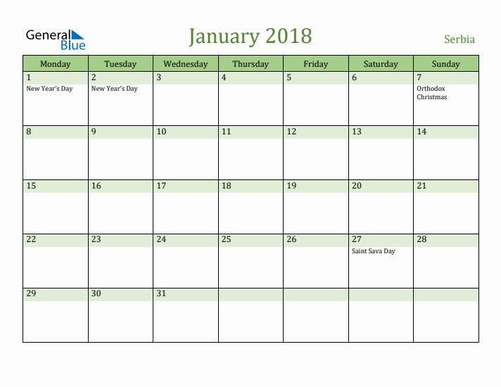 January 2018 Calendar with Serbia Holidays