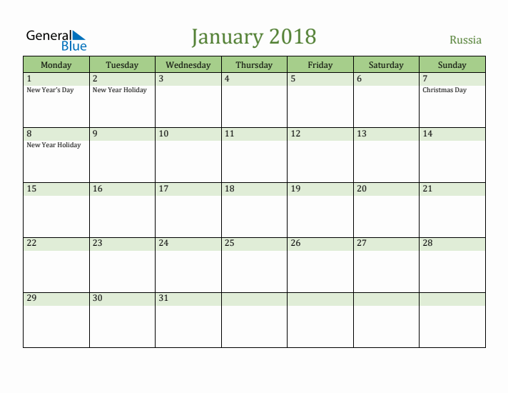 January 2018 Calendar with Russia Holidays