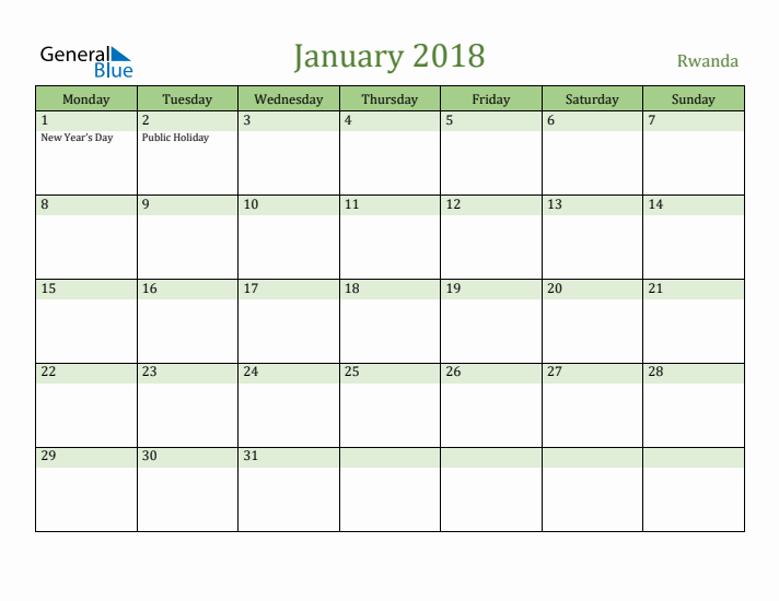 January 2018 Calendar with Rwanda Holidays