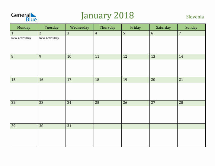 January 2018 Calendar with Slovenia Holidays