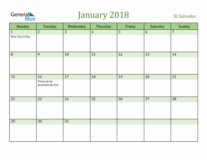 January 2018 Calendar with El Salvador Holidays