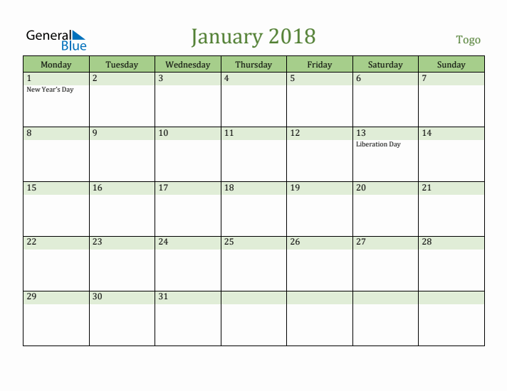 January 2018 Calendar with Togo Holidays