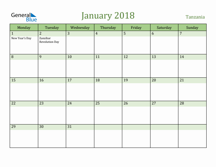 January 2018 Calendar with Tanzania Holidays