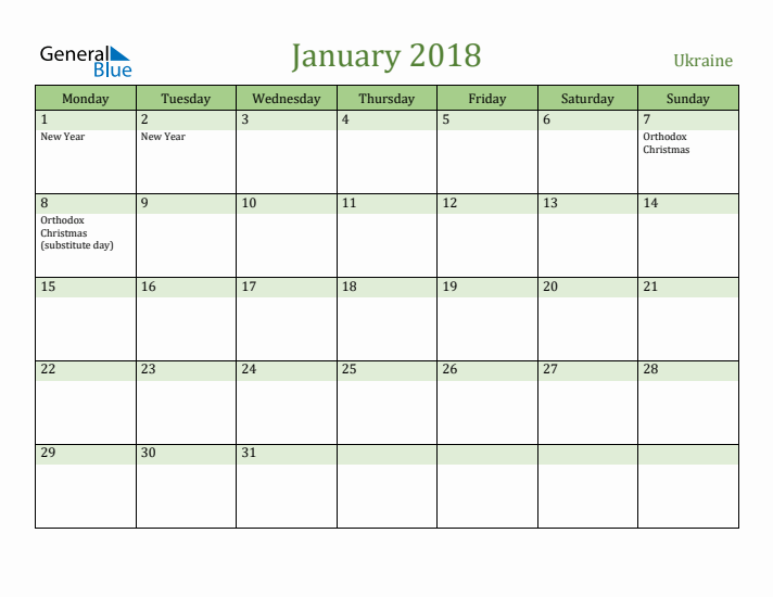 January 2018 Calendar with Ukraine Holidays