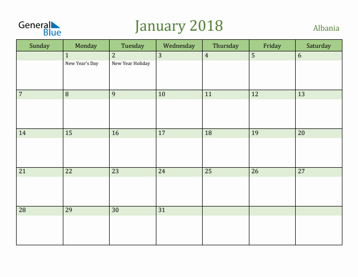 January 2018 Calendar with Albania Holidays