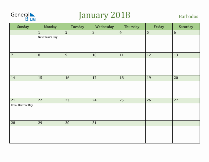 January 2018 Calendar with Barbados Holidays