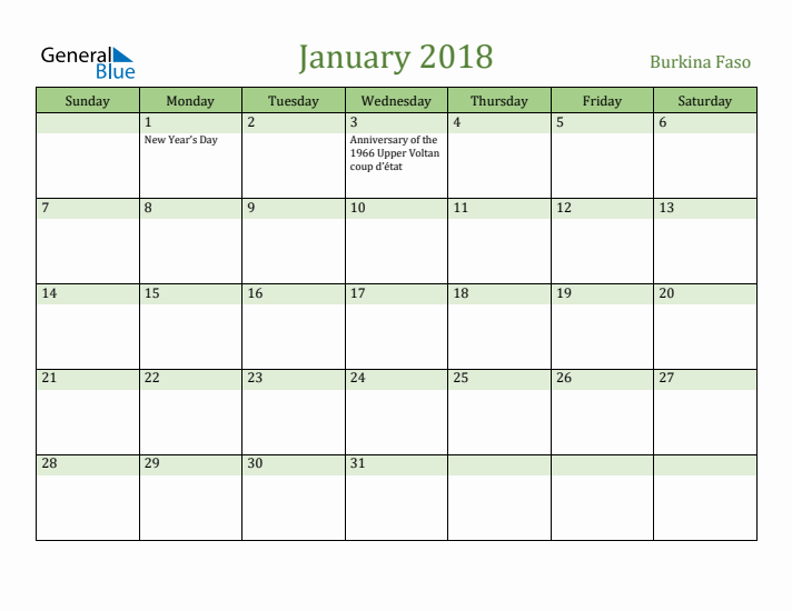 January 2018 Calendar with Burkina Faso Holidays