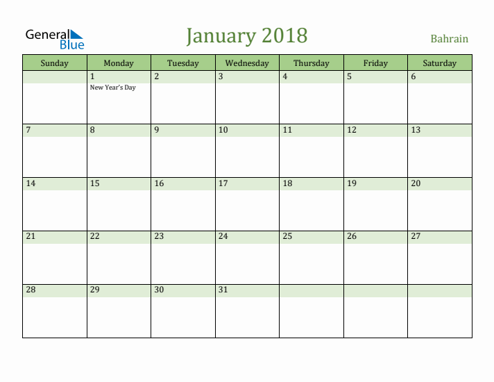 January 2018 Calendar with Bahrain Holidays