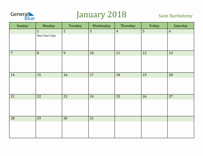 January 2018 Calendar with Saint Barthelemy Holidays