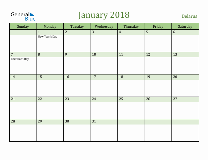 January 2018 Calendar with Belarus Holidays