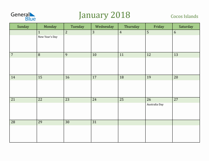 January 2018 Calendar with Cocos Islands Holidays