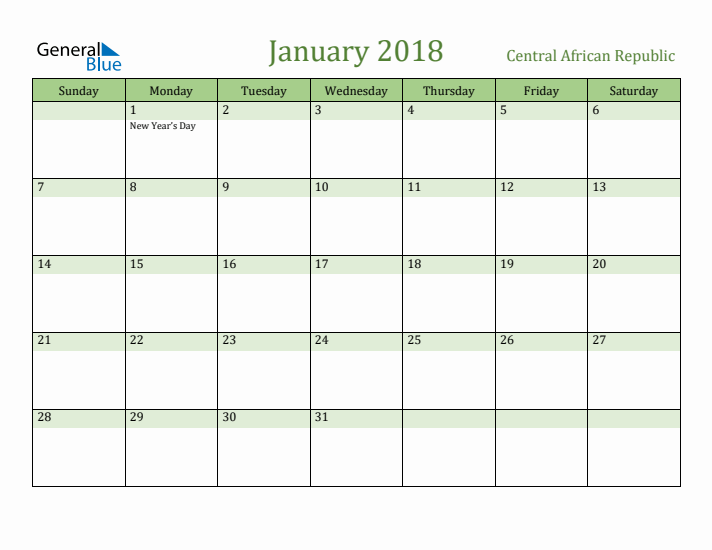 January 2018 Calendar with Central African Republic Holidays