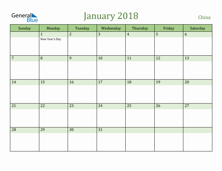 January 2018 Calendar with China Holidays