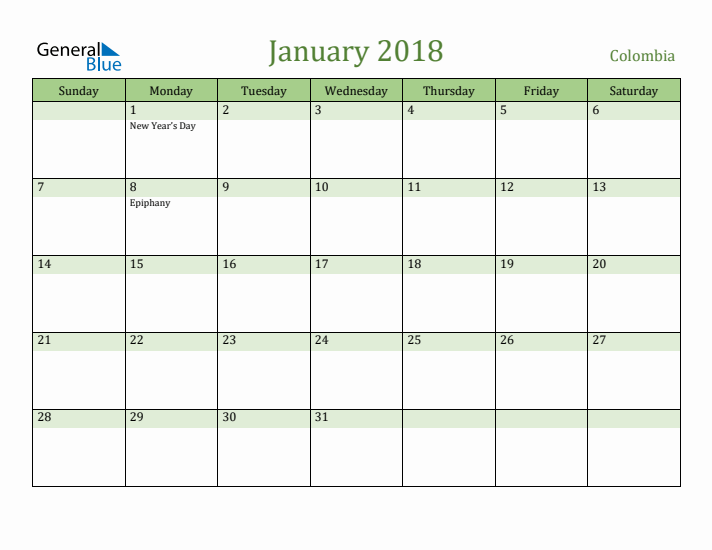January 2018 Calendar with Colombia Holidays